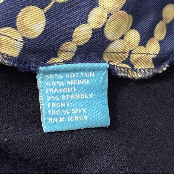 J. McLaughlin Women’s Size L Navy Blue Gold Silk Front Sweater Back Shirt Top - Picture 6 of 8